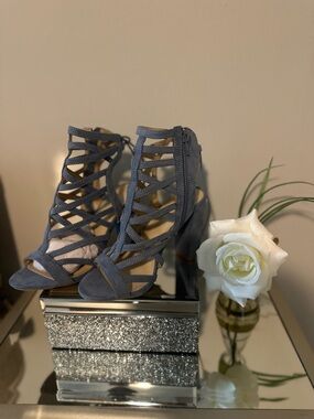 Charlotte Russe Grey Strappy Suede Block Heel Sandals